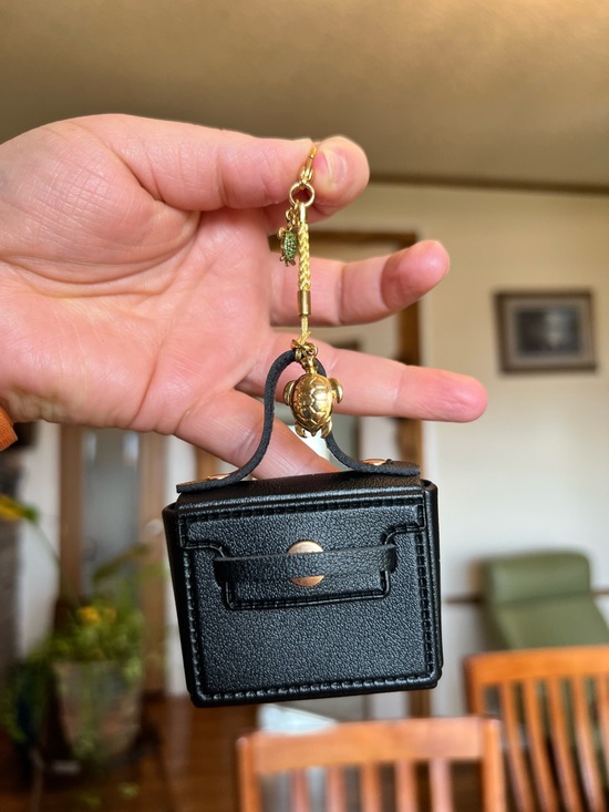 Handbags - Black Mini Leather Box Bag Keychain with Gold Turtle Charm